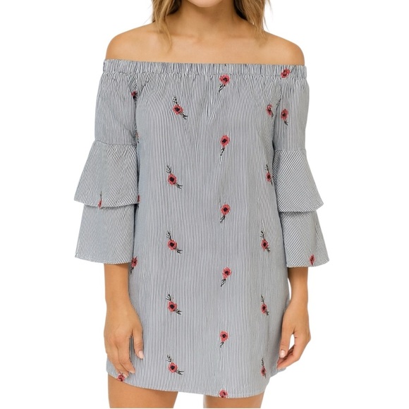 BETSEY JOHNSON Blue & White Stripe Embroidered Red Flowers Short Shift Dress 6 - Picture 1 of 8